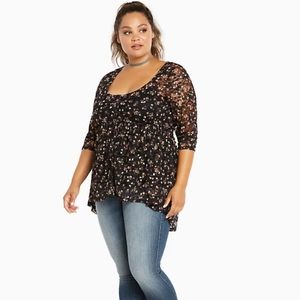 Torrid Sheer Tulle Delicate Floral Lace Button Top